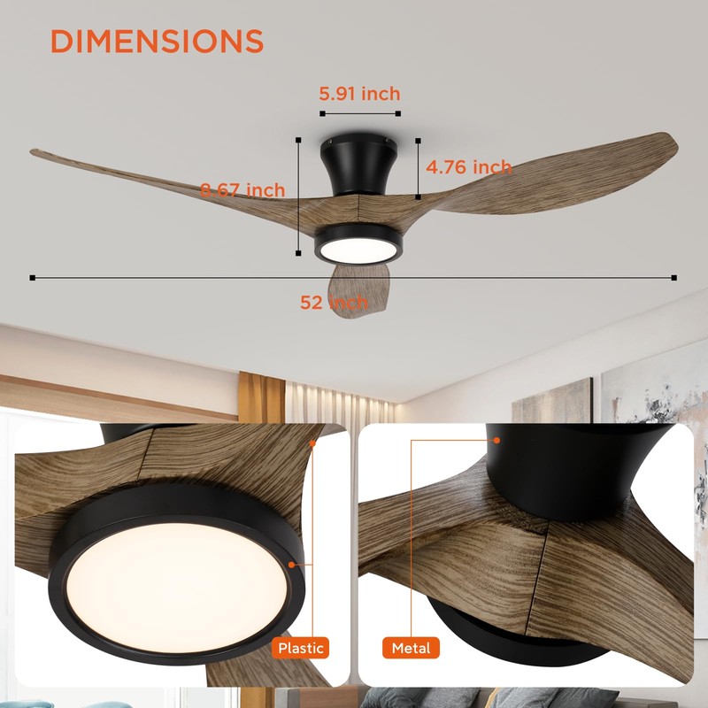 TALOYA 52 inch Ceiling Fans with Lights Remote Control, Modern
