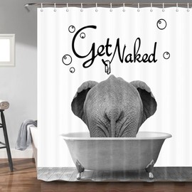 Uokiuki Get Naked Fabric Shower Curtain, Funny Animal Elephant Bathing in The Bathtub Shower Curtain for Bathroom, Cute Bath Curtain with Hooks 69 x 70 Inch
