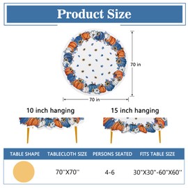 Tailus Fall Blue White Pumpkin Round Tablecloth 70 x 70 Inch, Autumn Thanksgiving Decorative Table Cloth Dining Table Cover, Sunflower Seasonal Dinner Party Picnic Decoration