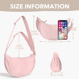 GoPaw Crescent Bag for Women, Nylon Half Moon Bag Women Crossbody Bag with Adjustable Strap, Solid Color Dumpling Bag Portable Crescent Purse for Daily Use(Light Pink)