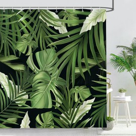 Bonhause Shower Curtain Tropical Palm Leaves Green Plant 180 x 180 cm Shower Curtains Anti-Mould Waterproof Polyester Fabric Washable Bathroom Curtain for Bathroom with 12 Hooks