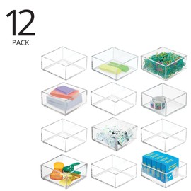 mDesign Plastic Square Desk Organizer - Create Section for Home Office Drawers, Desktop - Holds Pens, Paper Clips, Notebooks and Other Office Supply Accessory - Lumiere Collection - 12 Pack, Clear