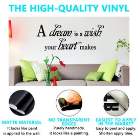 Wall Decals Bedroom, Inspirational Wall Stickers, (Easy to Apply), Vinyl Art Decor Living Room Quotes Kids Boys Girl Movie Music Song Family Couple Home, A Dream is a Wish Your Heart Makes 23"x9"