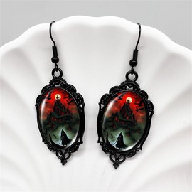 Gothic Raven Cameo Dangle Earrings,Vintage Crystal Glass Crow Drop Earrings Punk Style Dark Oval Earrings Goth Victorian Earrings Festival Jewelry Costume for Women (D)