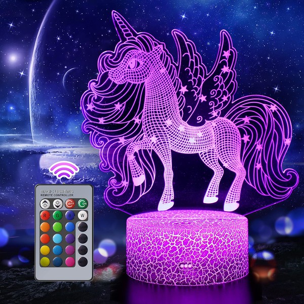 Unicorn Night Light Children, Kawaii Night Light Baby, Unicorn Toy 3D Illusion Bedside Lamp, 16 Colours Change with Remote Control, Colour Changing Sleeping Light, Children's Room Decoration, Birthday