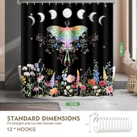Lokigo Black Shower Curtain, Butterfly Moth Blossom Floral Shower Curtain 72Wx72H Vintage Gothic Moon Star Flowers Shower Curtain for Bathroom Waterproof Fabric Shower Curtain with Hooks