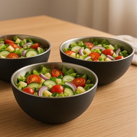 MGE - Set of 3 Stainless Steel Mixing Bowl - Salad Bowl & Serving Bowl - Salad Mixing Bowl - Kitchen & Fruit Bowl - Stainless Steel Mixing Bowl, Salad Bowl, Kitchen Bowls Marinating - 17 cm - Black