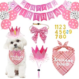 Dog Birthday Decorations Dog Birthday Bandana Girl Dog Birthday Party Supplies Pink Bowtie Dog Birthday Hat Crown Banner Balloons for Small Girl Dog Birthday Outfit