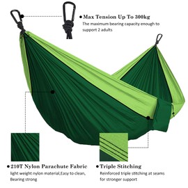 Tyouki Hammock Camping Double Lightweight Nylon Portable 2 Person Outdoor Hammock with Tree Straps & Aluminum Alloy Carabiners, Travel Hammock Quick Drying for Outdoor Camping Garden Beach(260*140cm)