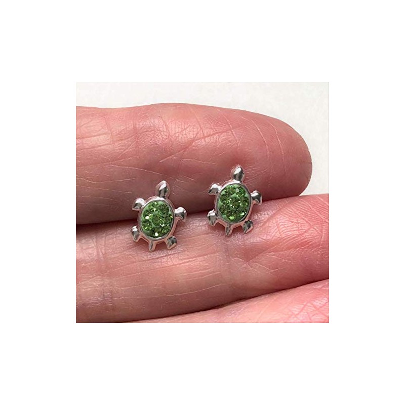 Small Turtle Sterling Silver Stud Earrings With Green Crystal Stones