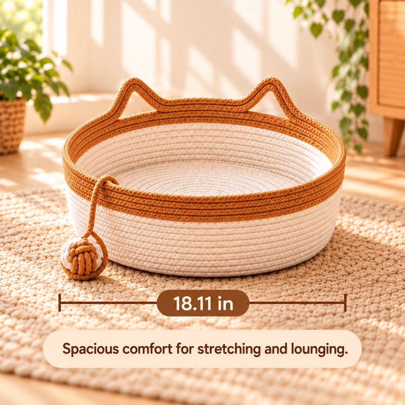 Interactive Woven Cat Bed with Toy Tail – 3-in-1 Cotton