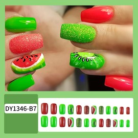 24Pcs Summer Press on Nails Square Fake Nails Medium Length False Nails Press ons with Refreshing in Summer Watermelon Designs Cute Acrylic Glue on Nails Reusable Stick on Nails for Women DIY Manicure