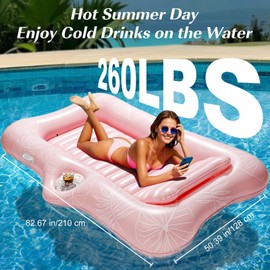 HeySplash Inflatable Pool Float Lounge, Large Inflatable Pool Floats Boat for Adults with Cup Holder & Detachable Pillow, Tanning Pool Lounger Float for Outdoor Lake River Summer Water Party,Pink Leaf