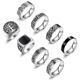 EIELO 8Pcs Stainless Steel Vintage Rings for Men Greek Signet Thumb Silver Retro Carving Celtic Band Rings Vintage Biker Band Rings Set Edge Mens Rings Jewelry 8
