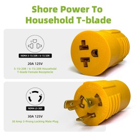 Shore Power 30 Amp to 110 Volt 15/20 Amp RV Generator Adapter, NEMA L5-30P to 5-15/20R or 6-15/20R Household Regular Connector, 3-Prong 30A Twist Lock Male Plug for Marine, Camper, Emergency Backup