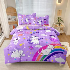 SIRDO Kids Bedding 5-Piece Cat Comforter Sets Twin Size, Purple Bedding Set for Teens Kids Girls Bed in a Bag Cute Room Decor