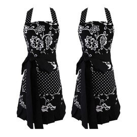 Surblue Women's Vintage Ruffle Floral Apron with 2 Pocket, Extra-Long Adjustable Tie Retro Plus Size Apron for Cooking Home Baking Garden Kitchen, Graceful and Flirty, Black (2 PC)