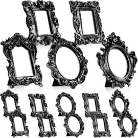 Maitys 15 Pcs Mini Picture Frames Vintage Tiny Frames Antique Photo Frame Baroque Ornate Resin Oval Frame Table Top Display Frame Home Wedding Decor (Black Silver)