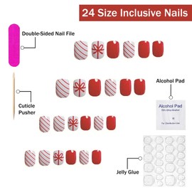 Christmas Press on Nails Short Square SWEKKE Red & White Fake Nails False Nails with Bow Designs Full Cover Glossy Glue on Nails Xmas Stick on Nails Acrylic Nails for Women Girls 24 Pcs