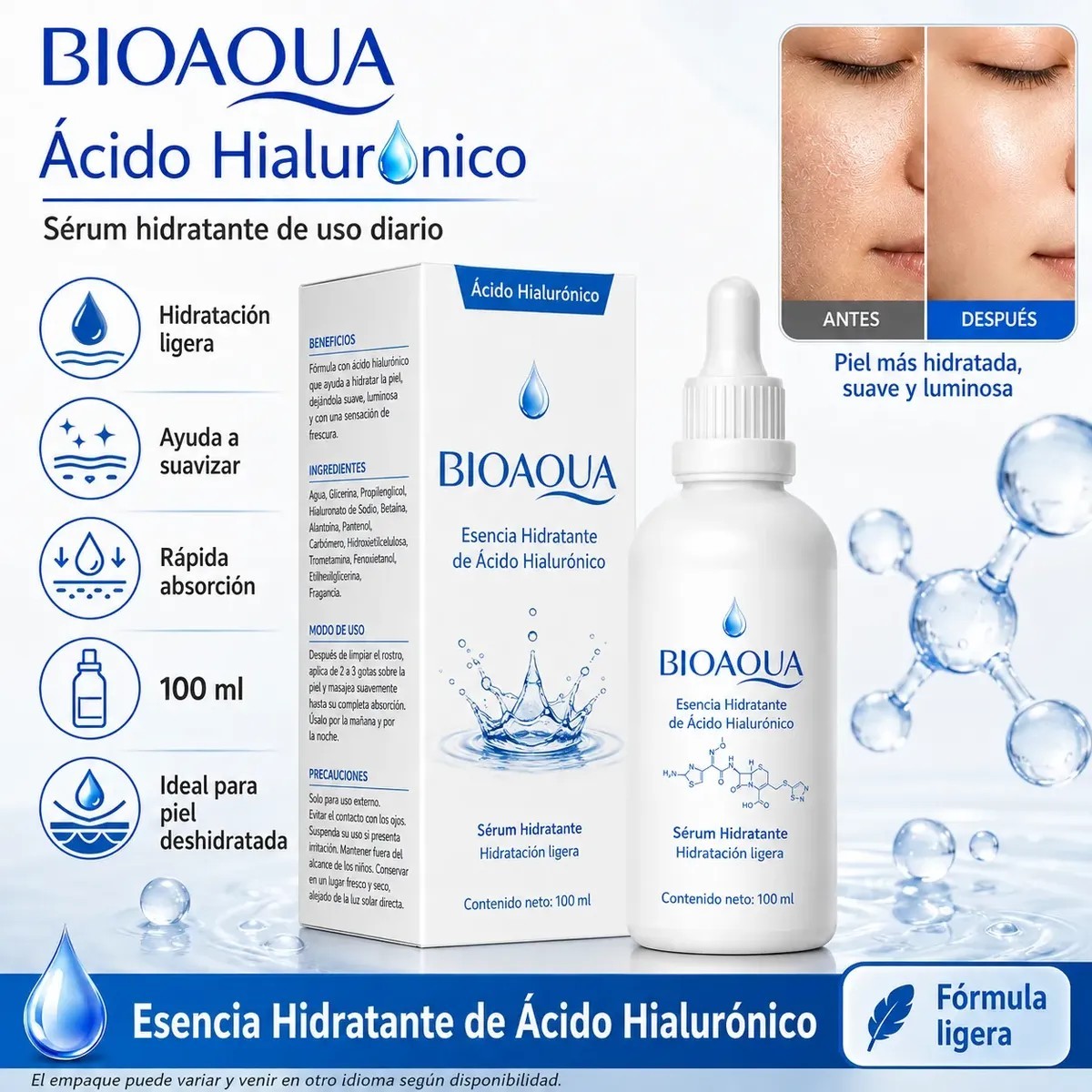 Bioaqua 100 Ml Sérum Ácido Hialurónico Facial Hidratante