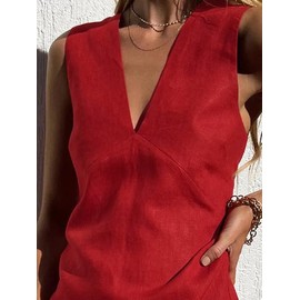 CHARTOU Women's Summer Sleeveless Mini Dress Cotton Linen V Neck Cinched A Line Slim Tank Short Dress (X-Small, Red)