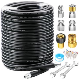 150FT Sewer Jetter Kit for Pressure Washer, 5800PSI Drain Cleaner Hose 1/4 Inch NPT, Corner, Rotating and Button Nose Sewer Jetting Nozzle Waterproof Tape Pearl Corsage Pin with 2Pcs Spanner