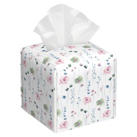 Tissue Box Cover Square, Colorful Flowers Floral and Blue Leaves Leather Tissue Box Cover Decorative Facial Paper Organizer Dispenser for Bathroom Kitchen Bedroom Vanity Countertop Night Stands
