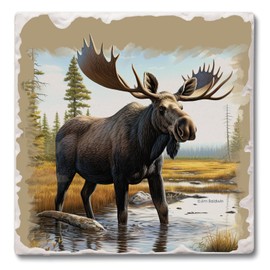 Thirstystone Big Moose Single Tumbled Tile Stone Coaster with Protective Cork Backing Manufactured in The USA 4" Square