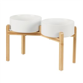 Havniva Ceramic Raised Double Bowls Set with Stand, Food & Water Bowls for Large Breed Dogs, Weighted Dog Dishes, Pet Bowl(8.2'',60OZ, White)