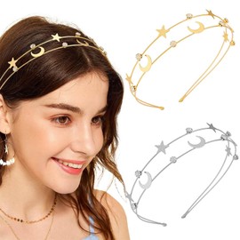 Calkkrer Pack of 2 Headbands, Moon & Five-Pointed Star Headbands, Wedding Hair Accessories for Women, Elegant Hair Bands with Rhinestones & Crystal, Hair Accessories for Girls, multicoloured