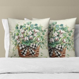 Eucalyptus Leaves Throw Pillow Covers Watercolor Green Leaf Floral Basket Decorative Square Cotton Pillow Couch Cover 18 x 18 Inch Spring Seasonal Cushion Case Set of 2 for Bedroom Outdoor Home Deccor
