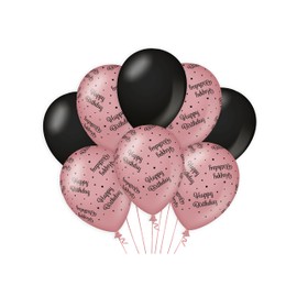 PD-Party 7023413 Classy Party Balloons Natural Rubber (Latex) Birthday Celebration Party Decoration - Happy Birthday, Pack of 8, Rose/Black, 30 cm Length x 30 cm Width x 30 cm Height