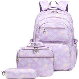 Createy 3Pcs Mermaid Backpack for Girls Backpacks Elementary Primary Middle School Bag Kids Backpack with Lunch Box Teen BookBags Set