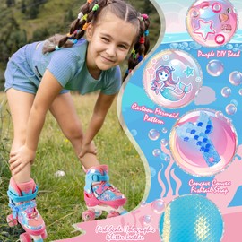 Mermaid Roller Skates for Girls Kids, Mosoulais 4 Size Adjustable Light up Wheels Skates for Toddlers, Beginner Women Rollerskates Indoor Outdoor for Xmas Birthday Gifts, Patines para Niñas Niños