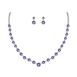 EVER FAITH Women's Wedding Jewelry Full Round Cut CZ Necklace Earrings Set Purple Silver-Tone
