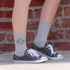 sockprints Chi Omega - Sorority Greek Letters with Hearts - Heather Gray Crew Socks