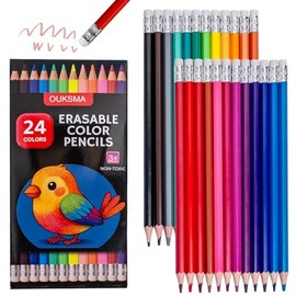Ouksma Pre-sharpened Colored Pencils with Erasers, Erasable Color Pencils, Drawing Pencil, Art Pencil for School Supplies, Drawing Supplies (24 Colors)