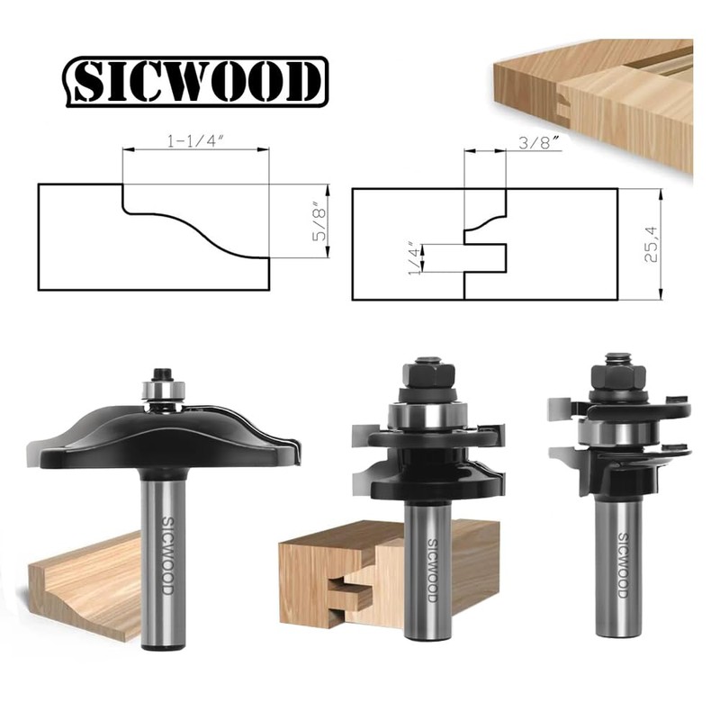 SICWOOD 3PCS Cabinet Door Raised Panel Router Bits Set 1/2