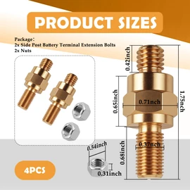 2 Set Side Post Battery Terminal Extension Bolt with Nuts,3/8"-16 Coarse and 3/8"-24 Fine Teeth Side Post Battery Bolts,Batteries Terminal Bolt for Reliable Current Transfer (2PCS)