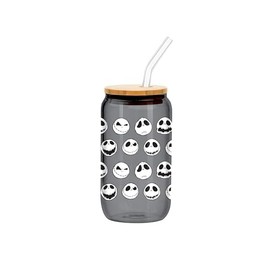 Silver Buffalo Nightmare Before Christmas Jack Expressions Glass Tumbler w Bamboo Lid and Glass Straw, 16 Ounces