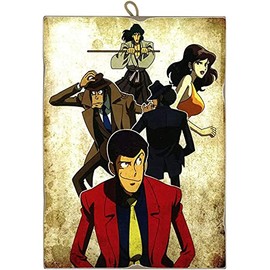 Vintage Style Square Picture Lupin III Main Characters Collectible Print On Wood Various Sizes (Small: 17 x 24 cm.)