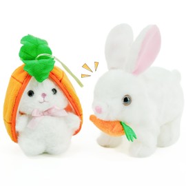 YOHAKI Interactive Plush Bunny Toy Set - Talking & Walking Electric Rabbit Duo with Carrot Surprise - Soft Safe Easter & Birthday Gift for Toddlers & Babies, White