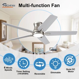 POCHFAN 52 Inch Ceiling Fans with Lights and Remote, Brushed Nickel Flush Mount Low Profile Ceiling Fan for Bedroom, Living Room, Patio, Dimmable 6 Speeds Noiseless, ETL Listed