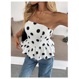 SOLY HUX Women's Polka Dots Strapless Tube Top Y2k Sleeveless Bubble Ruffle Hem Bandeau Tops Black and White Polka Dots Small