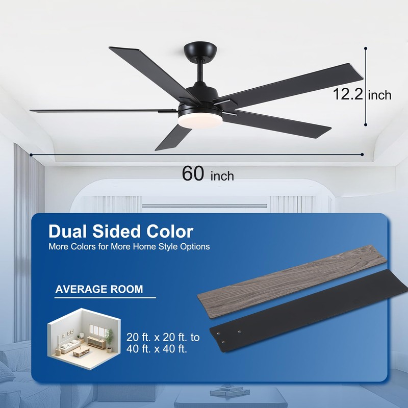 60 Inch Ceiling Fans with Lights and Remote, 6 Speed