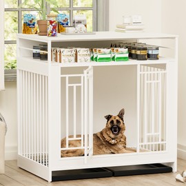 44 inch Indestructible Heavy Duty Dog Crate Furniture, Wooden Dog Kennel Indoor End Table, Decorative Pet House with Drawers Storages, Double Door Pet Cage for Large Medium Dogs, White
