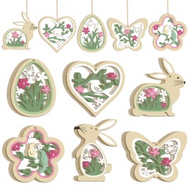 Pack of 24 Easter Decoration for Hanging, Spring Decoration Pendants, Wooden Easter Bunny, Easter Eggs, Butterflies, Flowers, Easter Decoration (Green