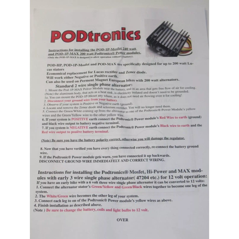 PODtronics Mosfet 2 wire 12v rectifier regulator Triumph single phase