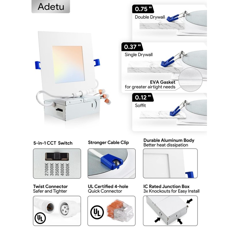 Adetu 4 inch Square Led Recessed Lighting,6 Pack 5CCT Ultra