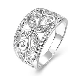 White Gold Plated Flower Butterfly Rings Wide Band Butterflies Wedding Band Engagement Rings for Women CR098 (White, Size 7)